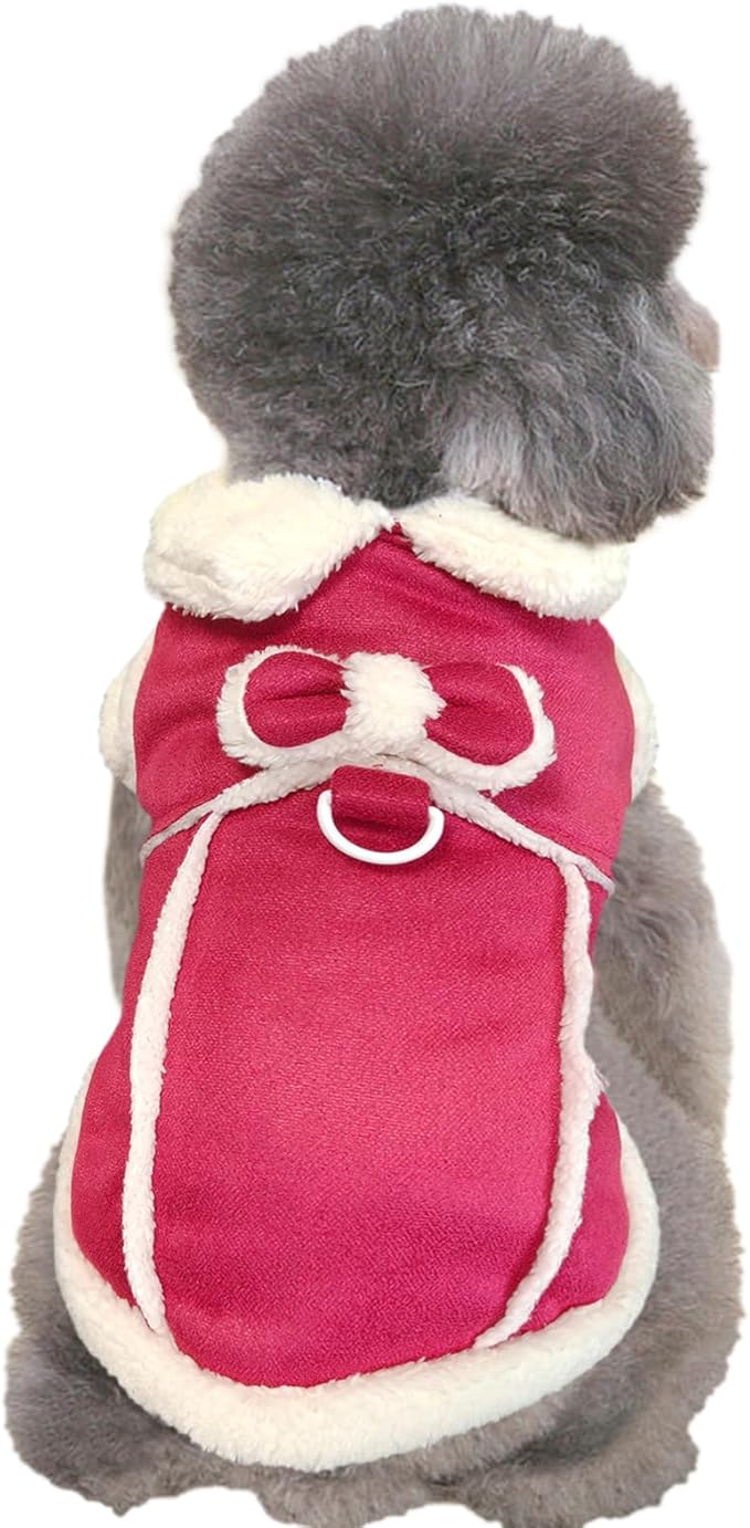 Jecikelon Bowtie Dog Cold Weather Coat Fleece Lining Warm Pet Puppy Turtleneck Dogs Winter Clothes for Small Dogs with D-Ring (Red, Small)