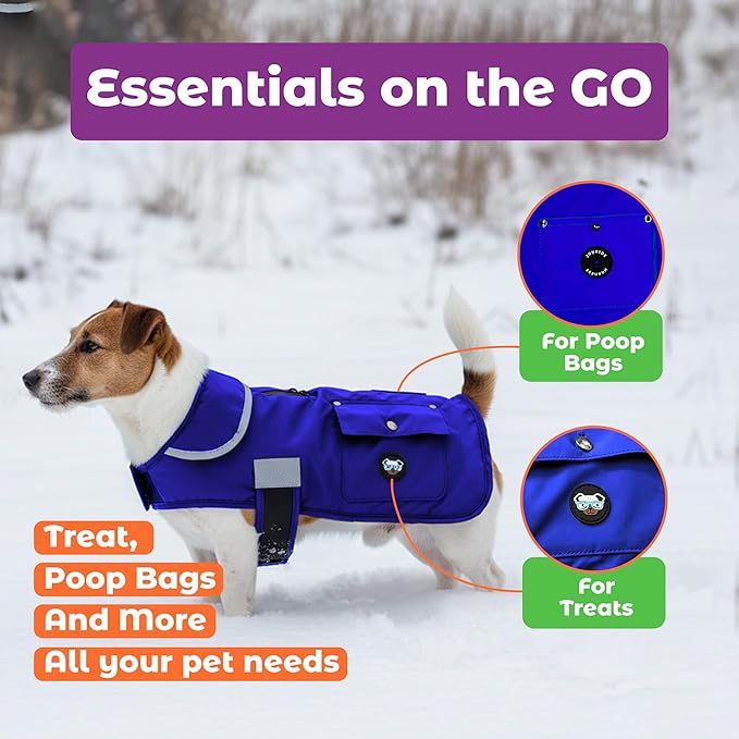 Joyride Harness FrostFlex Dog Winter Jacket - Fleece Lined & Water-Resistant - Snowsuit with Pockets for Treats & Poop Bags - Durable Cold Weather Dog Coat - Blue Serenity-S
