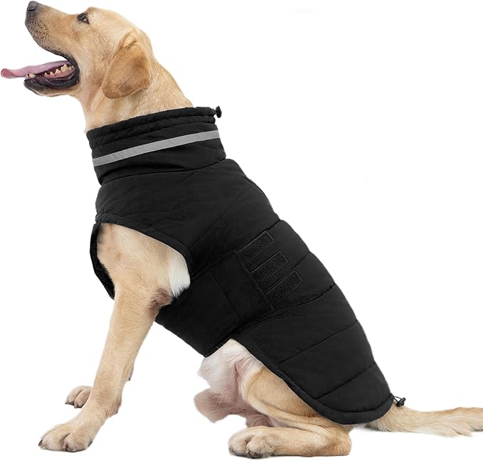 Dog Coat, Waterproof Winter Jacket, Warm Windproof Vest, Reflective Adjustable Turtleneck Coats for Large Dogs with Hook & Loop - Black - XL