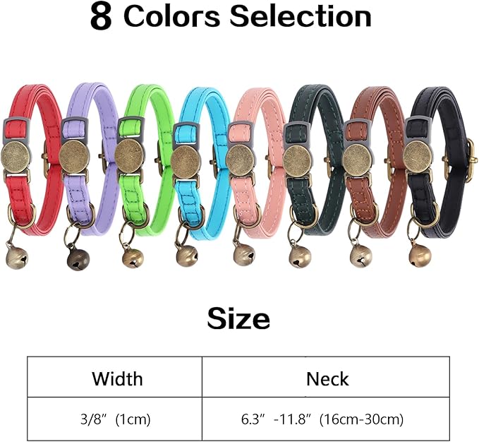 Cat Collar Breakaway, Personalized Leather Cat Collar with Bells-Adjustable Customized Collar with Name & Phone Number Tag for Girl Boy Cats-Quick Release Buckle for Cats & Kittens(Purple)