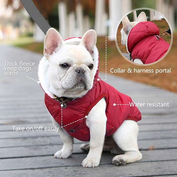 Fleece Hoodie for Dogs - Windproof Waterproof Coat, Winter Warm Jacket, Cold Weather Pet Apparel Clothes Vest for Small Medium Large Dogs (XS, Red)