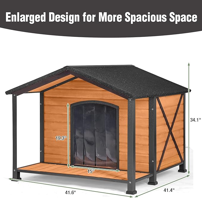 Extra Large Heated Dog House, Outdoor Dog House Insulated for Winter with Heating Pad, Weatherproof Wooden Dog Kennel with Porch, Sturdy Iron Frame & Openable Roof for Easy Cleaning (41.6" L)