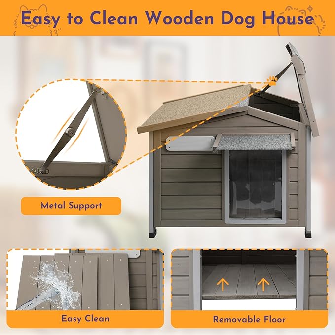 Outdoor Dog House Weatherproof Large Wooden Dog Kennel Indoor for Small Dogs with Chew-Proof Frame, Oxford Fabric Window, Removable Floor Pet Shelter (Grey, 30.1" D x 18.3" W x 24" H)