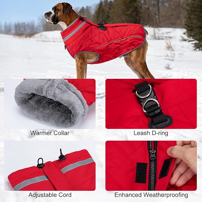 Dog Coat, Warm Dog Winter Coat for Small Dogs, Waterproof Jacket with Harness Built in, Reflective Turtleneck Cold Weather Coats with Zipper,Pet Fleece Vest Snow Jacket, Red S