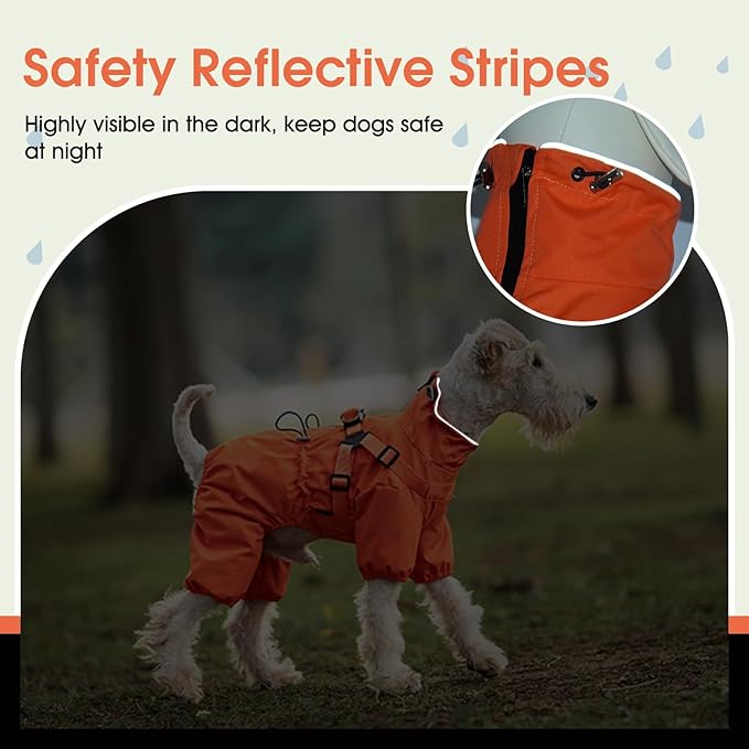 BRKURLEG Dog Raincoat for Small Dogs, Small Dog Rain Jacket with Harness Built in, Waterproof 4 Legs Pet Raincoats, Puppy Outdoor Jacket with Reflective Strip, Orange, M