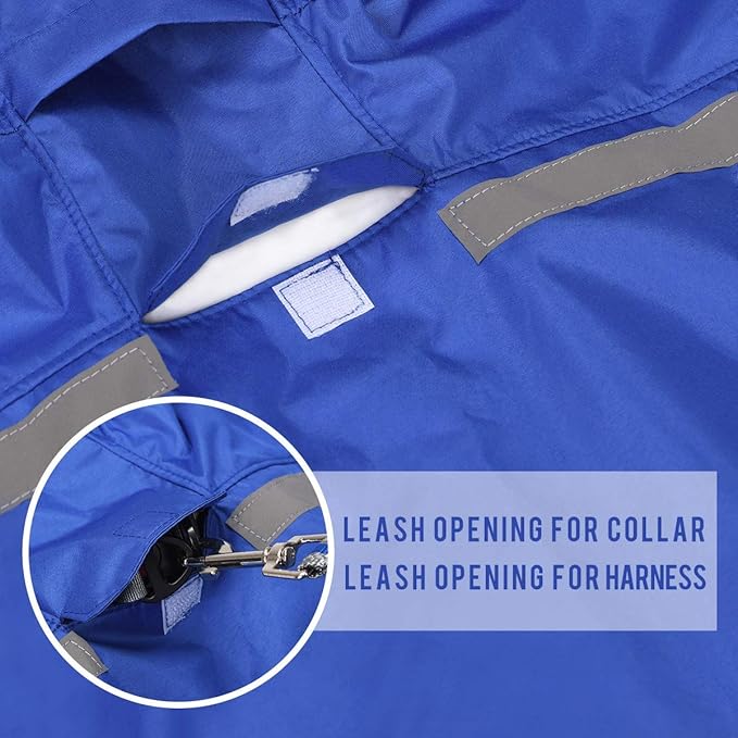 Dog Raincoat with Adjustable Belly Strap and Leash Hole - Hoodie with Reflective Strip - Waterproof Slicker Lightweight Breathable Rain Poncho Jacket for Medium Large Dogs - Easy to Wear