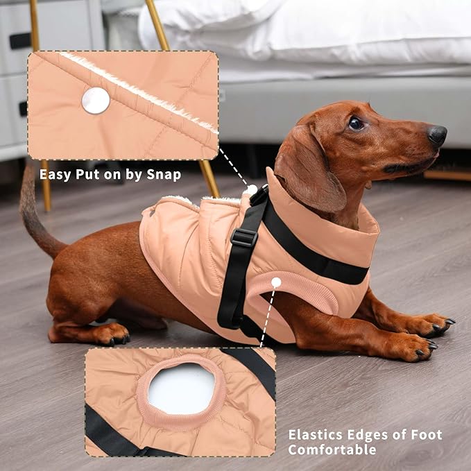 Dog Jacket with Harness,Fleece Lined Warm Puppy Coat for Winter,Soft Windproof Large Dog Vest,LightOrange XXXL