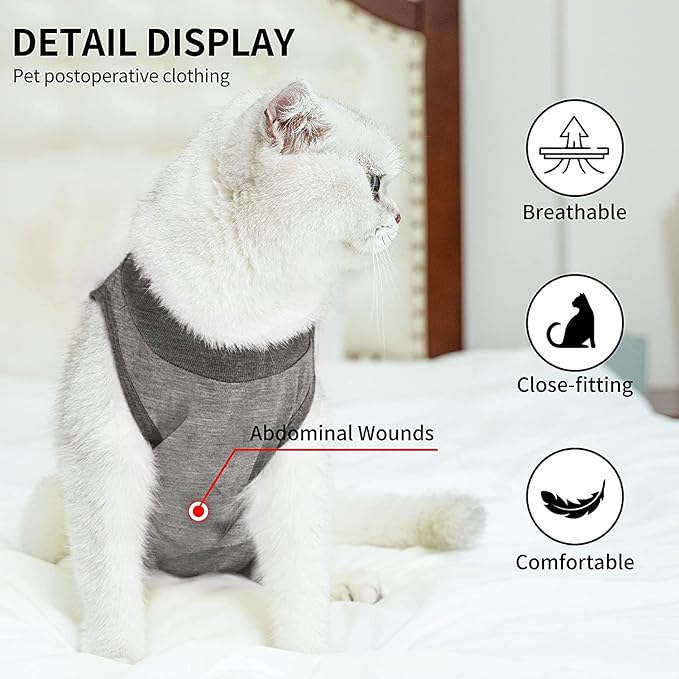 Kitten Onesies,Cat Recovery Suit for Abdominal Wounds or Skin Diseases,After Surgery Wear Anti Licking Wounds,Breathable E-Collar Alternative for Cat Grey S