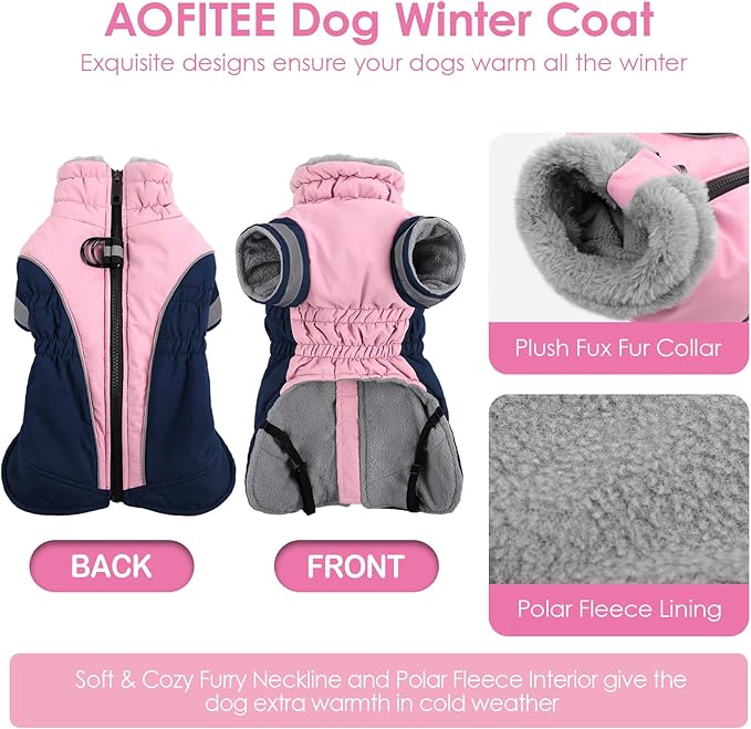 AOFITEE Dog Warm Fleece Turtleneck Coat, Windproof Waterproof Winter Jacket with Harness, Pink Navy Blue, Large