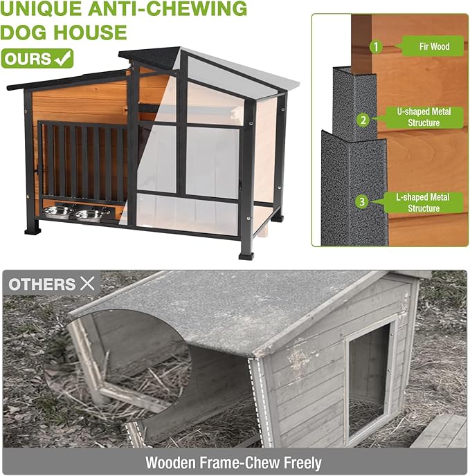 Heated Dog House Outdoor, Insulated Dog Kennel with Heating Pad for Winter, Weatherproof Dog Shelter with Anti-Chewing Metal Frame and Bowls for Small Medium Large Dogs (Brown)