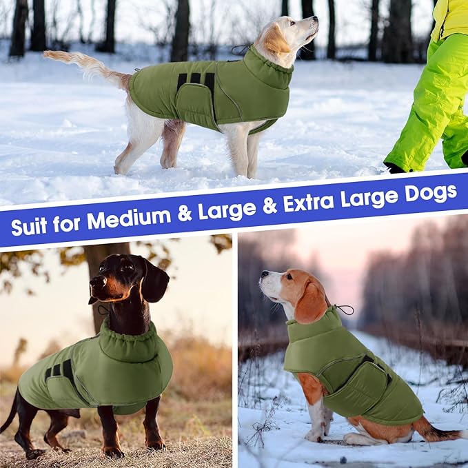 ASENKU Extra Warm Dog Coat - Winter Jacket with Fleece, Reflective, Adjustable, Zippered Leash Hole for Large Dogs (Green, 3XL)