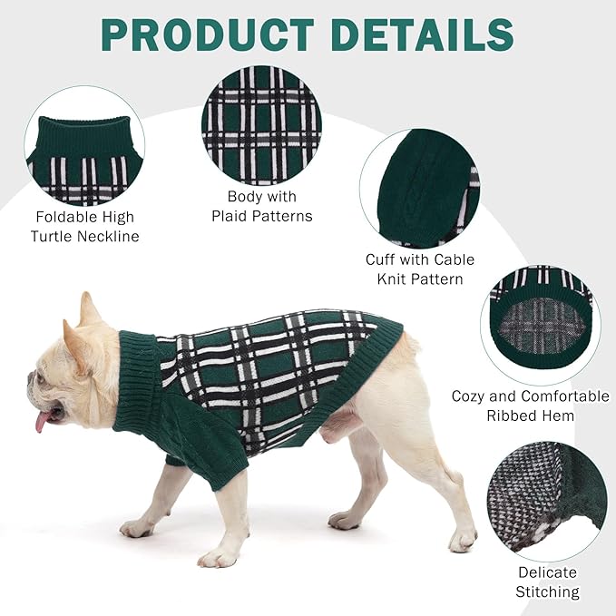 SCENEREAL Turtleneck Dog Sweater for Small Medium Large Dogs Girls Boys, Christmas Plaid Pullover Puppy Sweatershirt, Dogs Cold Weather Outfit Clothes, Ideal Gift for Pet in New Year, Green Plaid L