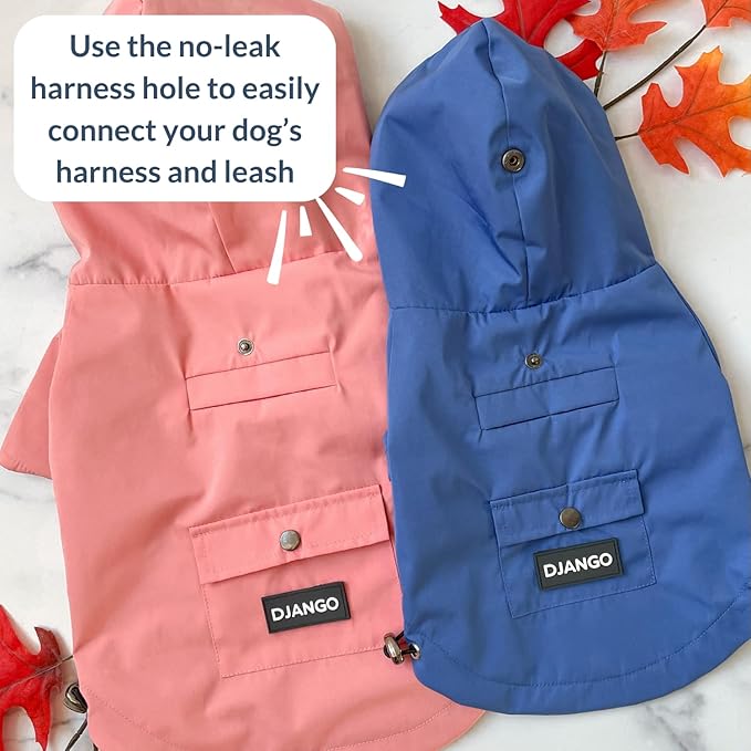 DJANGO Highland Dog Jacket & Raincoat – Water-Repellent, Lined Dog Coat with Hood, Adjustable Fit & Harness Hole – Lightweight Rain & Wind Jacket for Small & Medium Dogs up to 30 lbs (Blue, Large)