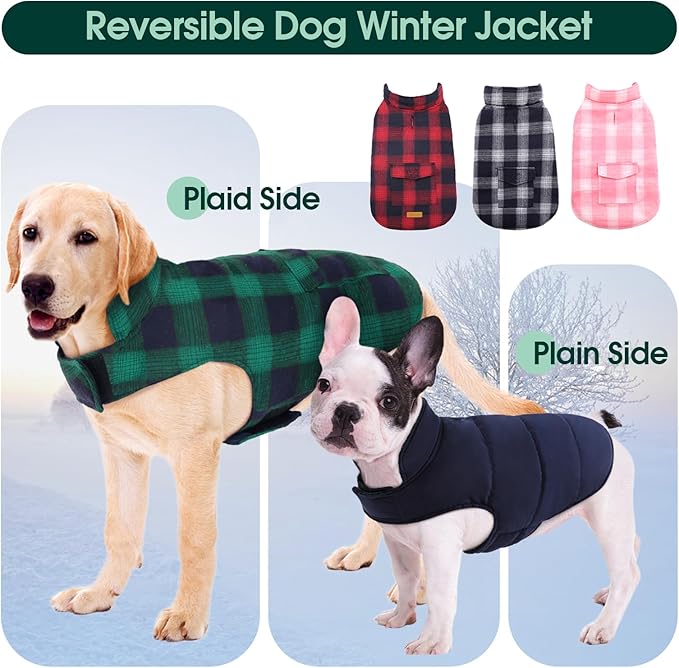 Kuoser Reversible Dog Jacket, Warm Winter Coat for Medium & Large Dogs, Warm Windproof Pet Cold Weather Clothes, Green XL