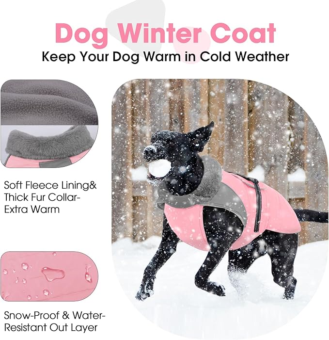 Nanaki Dog Coat Jacket for Large Dogs Winter Waterproof, Warm Fleece Lining Furry Collar Large Dog Jacket with Leash Hole, Reflective Cold Weather Pet Jacket Outdoor Walking Hunting,Easy On Pink 3XL