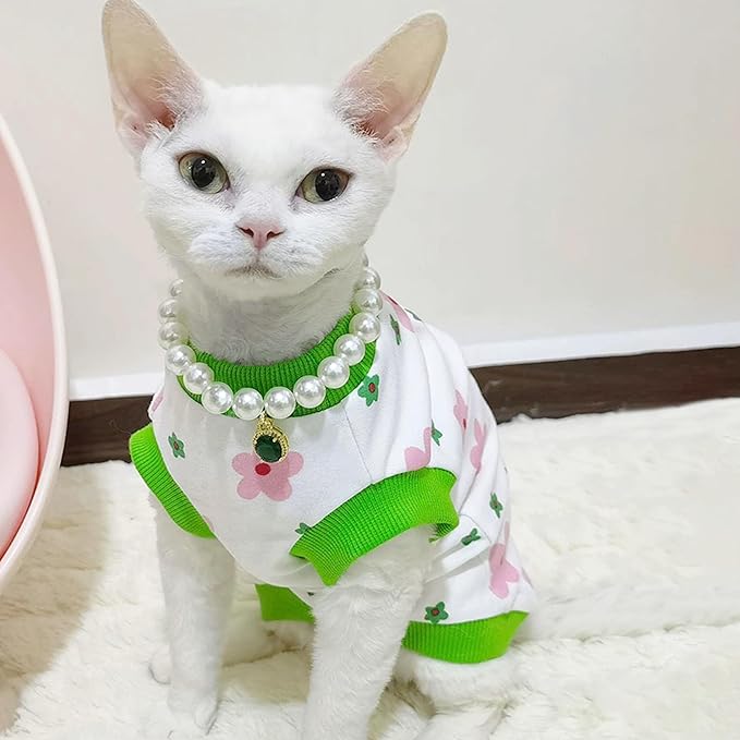 PUMYPOREITY Sphynx Cat Clothes: Stretchy Sweater, Soft Hairless Shirt, Pullover Pajamas, Turtleneck for Sphynx Cornish Rex, Devon Rex - Green, M