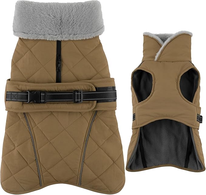 Dog Coat, Waterproof Dog Winter Jacket with Adjustable Buckle, Reflective Turtleneck Pet Snow Vest Warm Fleece Sweater for Small Medium Large Dogs - Khaki, XL