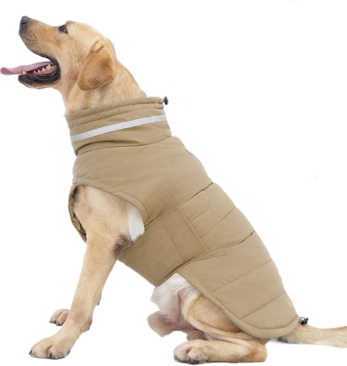 Dog Coat, Waterproof Winter Jacket, Warm Windproof Vest, Reflective Adjustable Turtleneck Coats for Medium and Large Dogs with Hook & Loop - Khaki - L