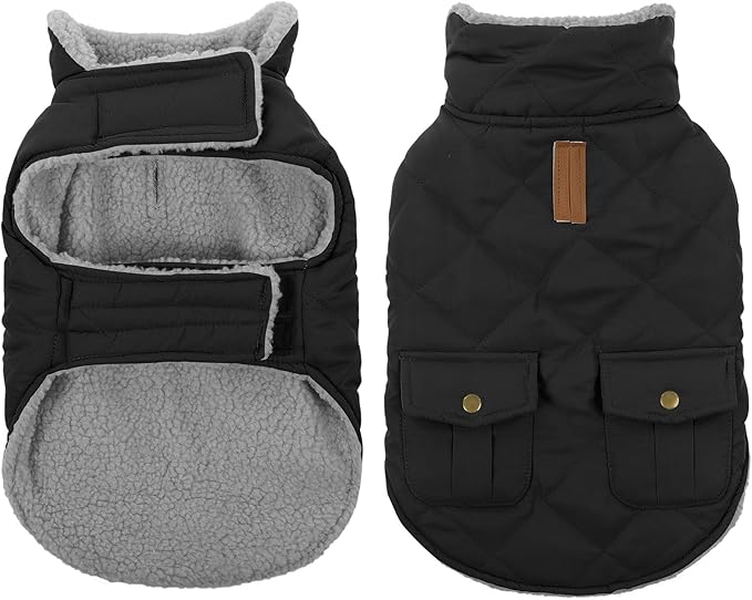 Queenmore Dog Winter Coat Warm Puffer Jacket Waterproof Plush Lining Thermal Cold Weather Vest for Small Medium Large Dogs, Windproof Easy On Pet Jacket Black L