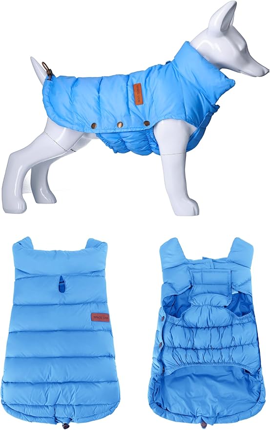 SPACE LION Dog Puffer Jacket, Down Winter Coat, Durable Outdoor Coat for Cold and Windy Conditions, Waterproof, Lightweight Jacket, Adjustable Fit for Small, Medium, Large Dogs(Blue,16/XL)