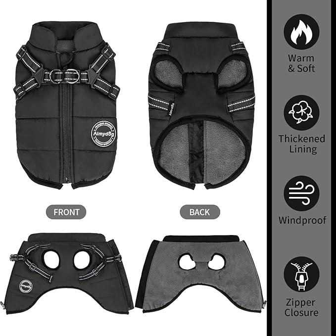 Warm Winter Coat, Waterproof Windproof Jacket, Reflective & Adjustable Black Pet Vest with Harness, Thick Polar Fleece Lining Cozy Apparel for Small Medium Dogs & Cats