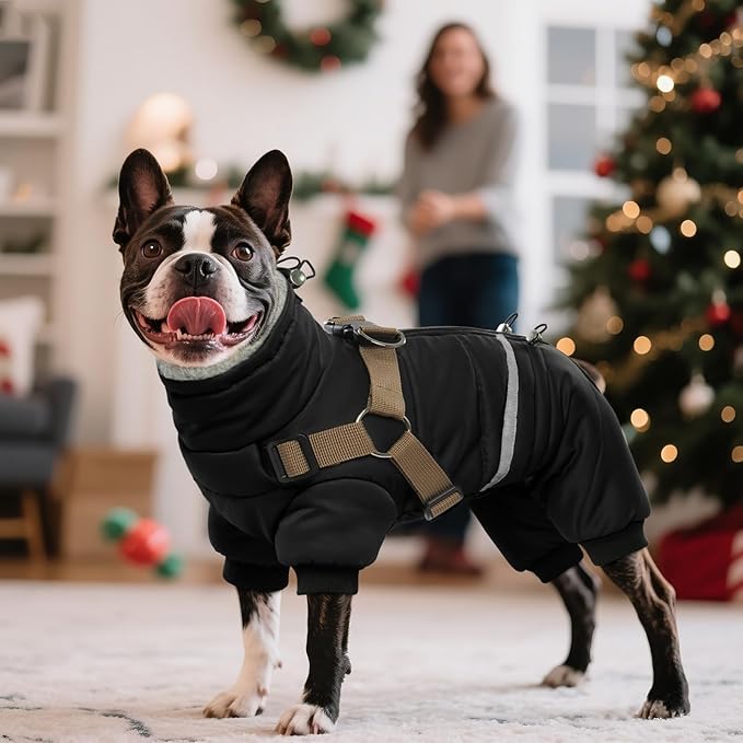 BRKURLEG Black Dog Coat with Harness, Dog Winter Jacket, Dogs Onesie Body Warm Jackets, Small Dogs Winter Coats Reflective Windproof Warm Cold Weather Coats, Pet Waterproof Jacket Hiking M