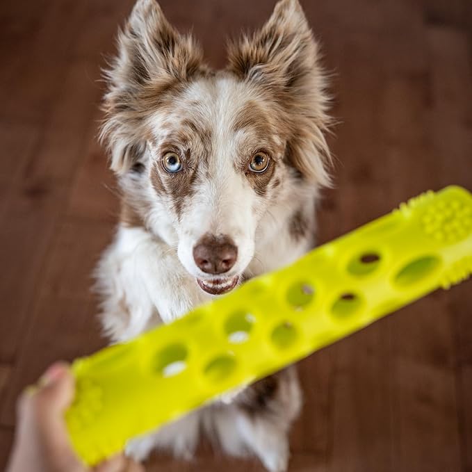 Messy Mutts Totally Pooched Huff'n Puff Stick | 10” x 2” TPR Puzzle Stick for Dogs | 2-in-1 Durable Interactive Toy and Tooth Cleaner | Green