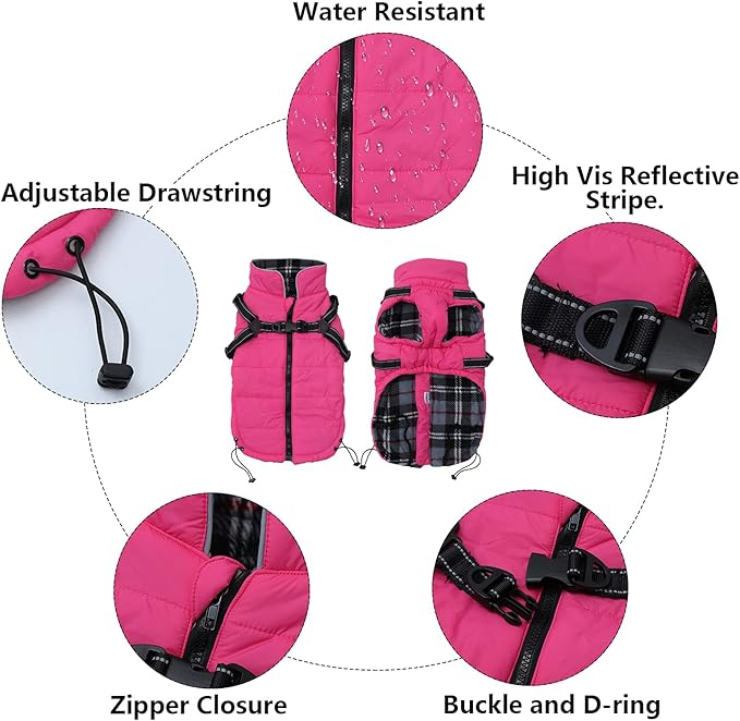 Winter Warm Coat Geyecete Waterproof Dog Winter Jacket with Harness Traction Belt,Pet Outdoor Jacket Dog Autumn and Winter Clothes for Medium, Small Dog-Pink-S