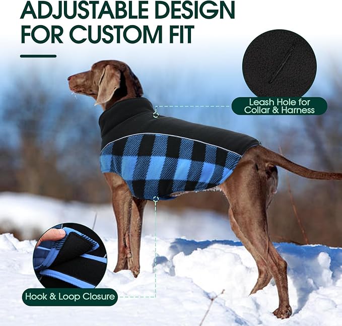Kuoser Dog Winter Coat, Reversible Waterproof Dog Jacket with Reflective Strip, Warm Dogs Fleece Vest Adjustable Doggy Cold Weather Clothes Plaid Christmas Outfit Pet Apparel for Large Dogs, Blue L