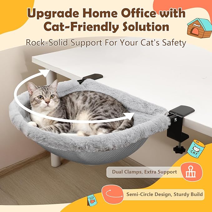 X-Large Cat Desk Bed – 19"x15" Spacious Nest, Dual Clamps & Sunken Hammock Design, Comfy Cat Desk Hammock with Faux Rabbit Fur Cover, Removable & Washable, Holds Up to 40lbs