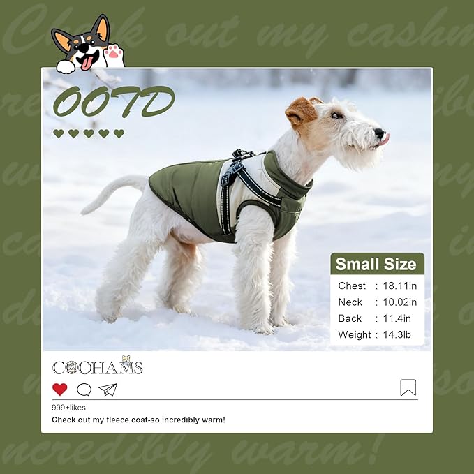 Dog Winter Coat for Small & Medium Dogs (Up to 31lb), Waterproof Dog Coat with Harness, Puppies Windproof Puppy Puffer Jacket, Snowsuit for Dachshund,Frenchie, Corgi (Classic Green, Small)