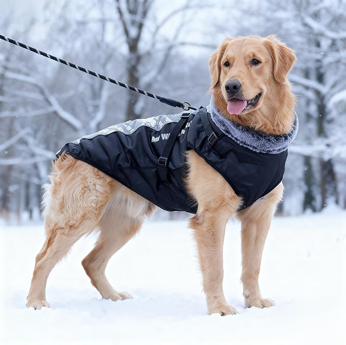 Dog Coat for Medium Large Dogs,Waterproof Reflective Dog Winter Jacket with Harness, Fleece Snowsuit,Warm Pet Winter Coat(Reflective white-5XL)