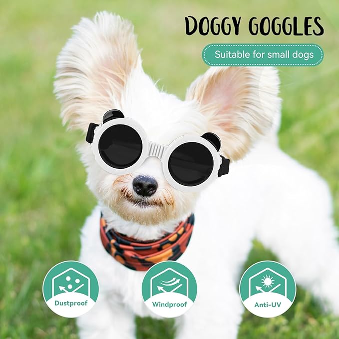 Dog Sunglasses for Small Breed, Small Dog Goggles for Puppy Cats, Goggles Eye Protection Windproof Dustproof Anti-UV with Adjustable Straps Pet Glasses Outdoor, Black-White