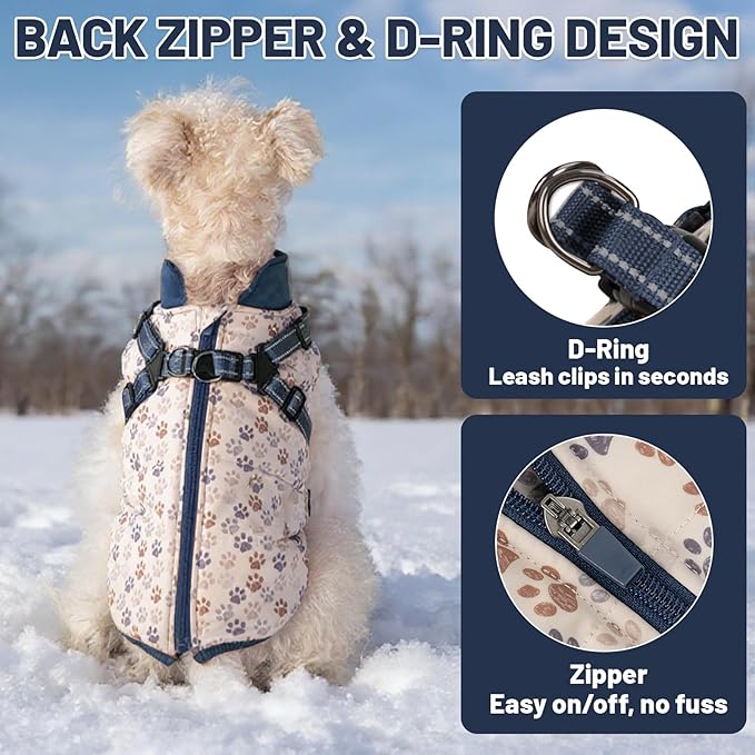 Dog Winter Coat for Small & Medium Dogs (Up to 31lb), Waterproof Dog Coat with Harness, Puppies Windproof Puppy Puffer Jacket, Snowsuit for Dachshund,Frenchie, Corgi (Paw Blue, Medium)