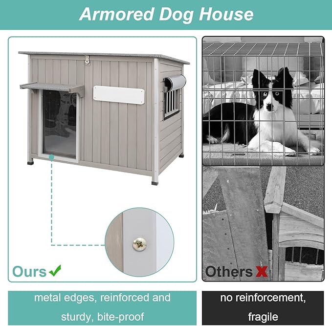 Large Outdoor Dog House Waterproof for Small to Large Dogs, Outdoor Indoor Doghouse Kennel Shelter Weatherproof with Anti-Chewing Iron Frame, Wndow, Open Roof, Removable Floors(43" L*29.5" W*33.5" H)