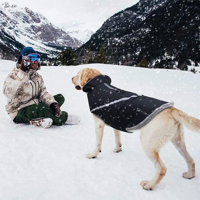 VIVAGLORY Snowrap Dog Coat, Jacket with Harness Hole & Velcro Closure, Dog Coat for Winter & Cold Weather, Fluffy Warm Fleece Lined Reflective Water Resistant for Puppy, S, Black