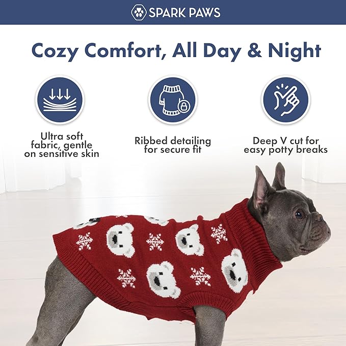 Spark Paws Christmas Dog Sweater – Ultra Soft Holiday Knit Sweater for Small, Medium & Large Dogs, Cute Pet Sweater for French Bulldogs & Big Dogs, Easy Potty V Cut Design Jacket - (Polar Bear, S)