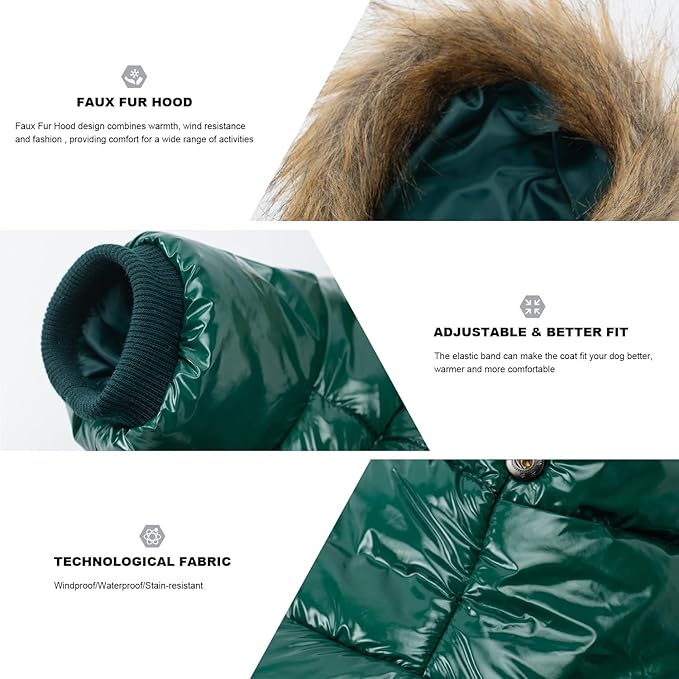 PINA Dog Winter Coat with Faux Fur Hood, Windproof and Warm, Suitable for Small to Large Dogs, Green, Large