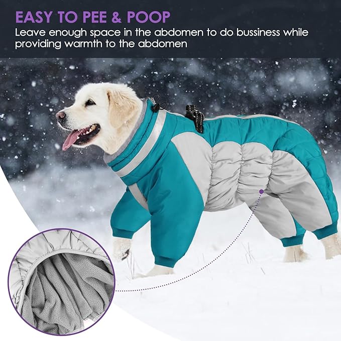 SUNFURA Full Body Dog Coat - Warm Fleece Jacket for Large Dogs, Turtleneck Winter Coats with Harness, Reflective Dog Snowsuit Windproof Puffer Jackets with Legs for French Bulldog, Turquoise L