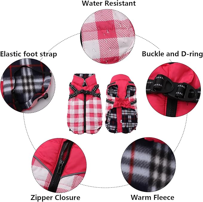 Dog Coat with Harness,Small Dog Winter Coat,Doggie Jackets with Built in Harness,Adjustable Warm Jacket for Medium Large Dogs,Pet Puppy Cold Weather Coats for Dogs Waterproof (PlaidPink, Medium)