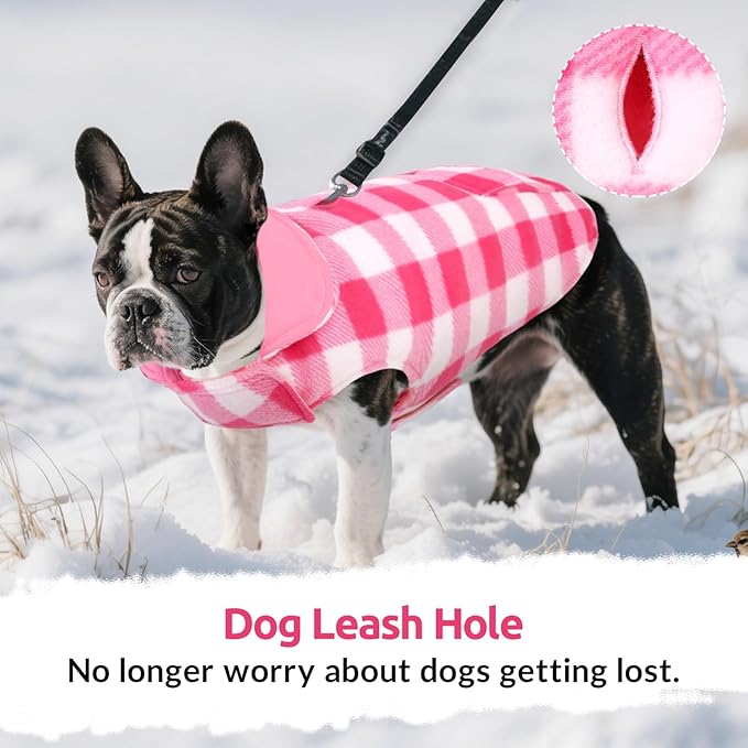 ASENKU Dog Winter Coat, Fleece Doggie Jacket Plaid Reversible Vest Waterproof Windproof Cold Weather Clothes for Small Medium Large Dogs (S, Pink)
