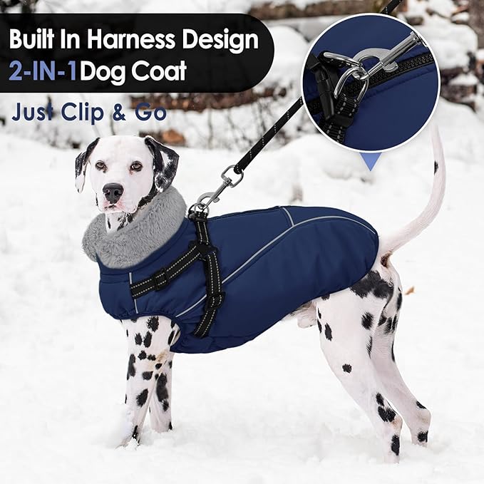 AOFITEE Dog Jacket with Harness Built in, Waterproof Dog Coat for Small Dogs, Warm Fleece Pet Puffer Vest with Zipper on Back & Furry Collar, Reflective Dogs Snow Jacket Small Pet Snowsuit, Blue S