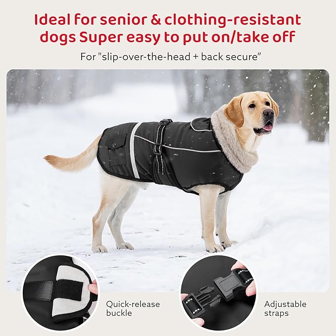 Dog Coat, Warm Dog Winter Coat Reflective Jacket Waterproof Fleece Vest, Pet Jacket Cozy for Cold Weather, Dogs Snowsuit Windproof, Adjustable Buckle for Large Extra Dogs