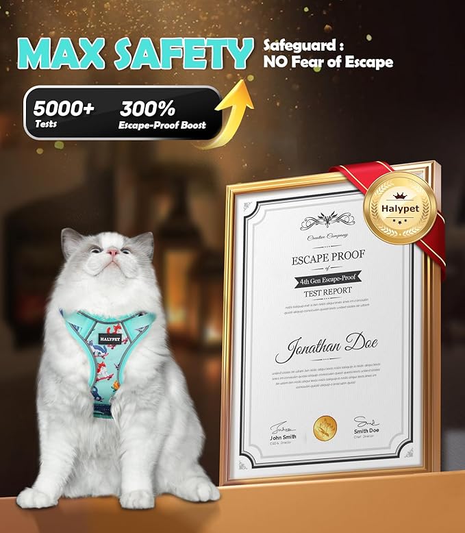 Halypet Cat Harness and Leash Set[MAX Safety 4th-Gen] Cute Escape Proof Vest Harness for Girl&Boy Cat Walking, Comfortable Adjustable Leash and Reflective Strips for Outdoor Kitten, M Purrfect Green