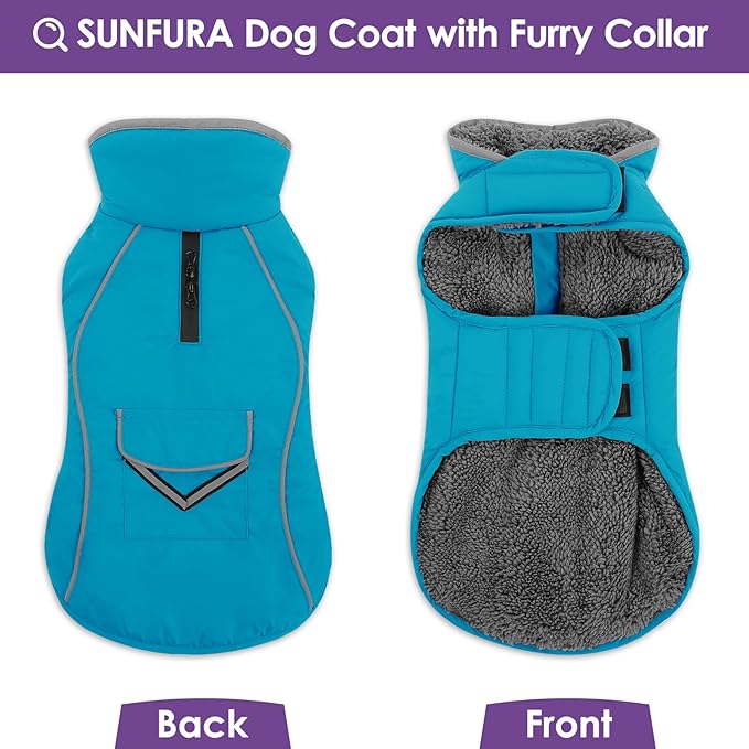 SUNFURA Dog Coat, Warm Dog Coat XXL Puffer Jacket with Harness Hole, Reflective Pet Snow Jacket Turtleneck Fleece Vest for Weimaraner, Labrador, Golden Retriever, Turquoise 2XL