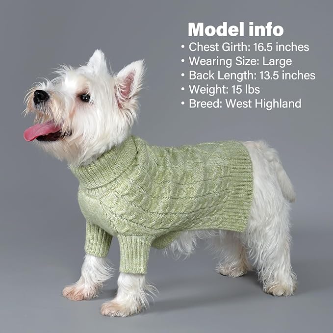 KYEESE Dog Sweater Soft Pet Coats, Long Sleeve Medium Pet Sweater with Classic Cable Knit Warm Dog Clothes Turtleneck Pet Sweater for Medium Dogs, Green, XX-Large