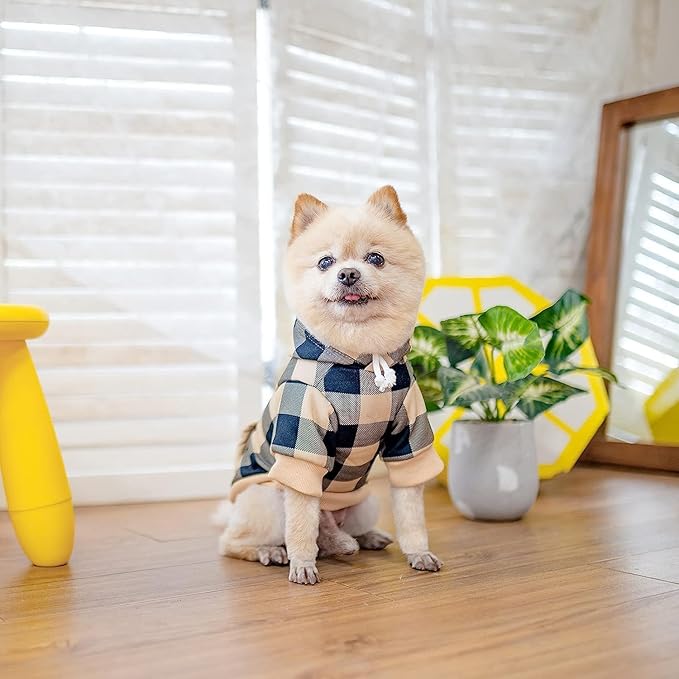KOOLTAIL Plaid Dog Hoodie Pet Clothes Sweater with Hat and Pocket for Small Medium Large Size Dogs, Soft Winter Warm Dog Cold Weather Coat, Fleece Fall Dog Hooded Sweatshirt for Puppy Cats, Beige XXL