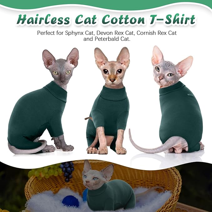 ROZKITCH Hairless Cat Clothes, Breathable Soft Jumpers for Cats Only, Coat with Four Legs, Warm Sweater T-Shirt Pajamas Jumpsuit Vest Cornish Rex Devon Rex Peterbald DarkGreen XL