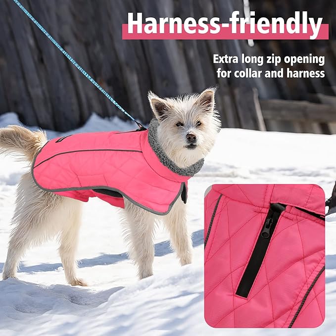 Fragralley Dog Coat Small, Waterproof Dog Jacket with Warm Fleece Lining, Adjustable Reflective Dogs Winter Coat, Turtleneck Pet Coats for Cold Weather (Pink S)