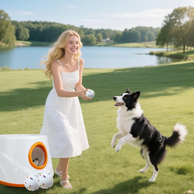 Automatic Ball Launcher for Dogs with 6pcs 2.3 Inch Etpu Tennis Balls,Thrower Distance 20-45ft,interacive Dog Toys for Indoor/Outdoor for Small Or Medium Dogs (Orange)